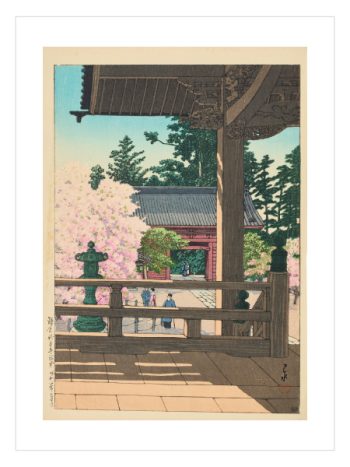 Japon tapınak verandası ve sakura ağaçları manzara posteri