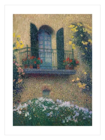 Mavi pancurlu bir pencere ve çiçekli balkonu gösteren izlenimci tarzda manzara posteri.