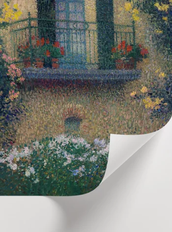 Yüksek kaliteli kağıda basılmış, çiçekli pencere manzaralı dekoratif sanat posteri.