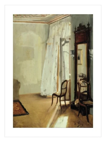 Balkon kapısından süzülen rüzgarla uçuşan beyaz tül perdeleri gösteren klasik iç mekan sanat posteri.