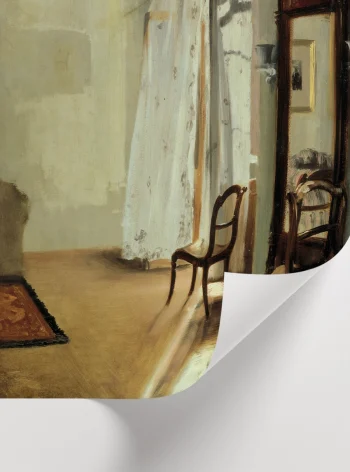 Yumuşak yeşil ve krem tonlarında, huzurlu bir atmosfer yaratan sanatsal oda manzarası tablosu.