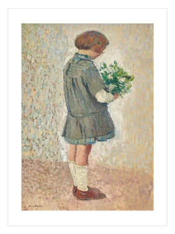 Buket tutan genç bir kızın profilden resmedildiği izlenimci figür poster baskısı.