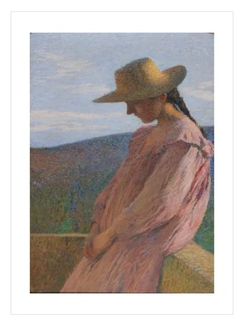 Hasır şapkalı ve örgülü genç bir kız figürünün manzara önünde resmedildiği izlenimci sanat posteri.