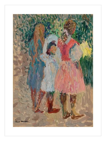 Mavi, beyaz ve pembe elbiseli üç genç figürün arkadan resmedildiği izlenimci sanat posteri.