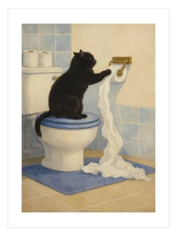 Tuvalet kağıdıyla oynayan kara kedi illüstrasyon poster