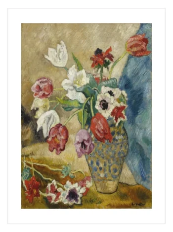 Desenli vazo içinde beyaz ve kırmızı lalelerin resmedildiği izlenimci natürmort poster.