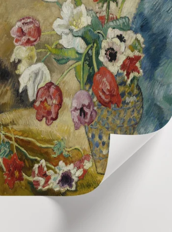 Sanatsal fırça darbeleriyle hazırlanmış çiçekli duvar dekorasyon posteri.