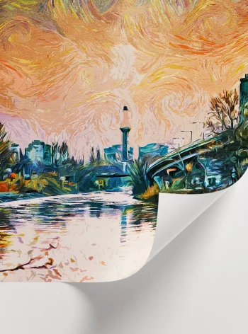 Canlı turuncu, pembe ve mavi tonlarda tasarlanmış, şehir manzarası temalı duvar dekoru posteri.