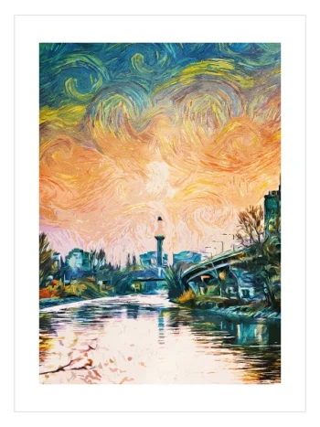 Dinamik sarmal gökyüzü altında modern şehir nehrini ve köprüyü gösteren çağdaş sanat posteri.