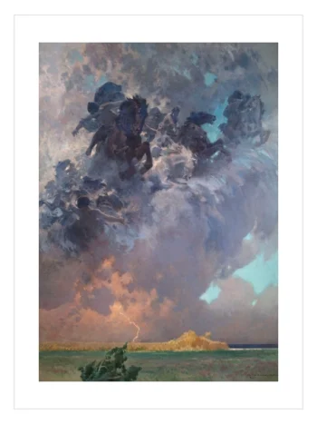 Fırtına yüklü koyu bulutlar arasında dört nala at sürerken betimlenen efsanevi Valkyrie figürlü dramatik mitolojik sanat posteri.