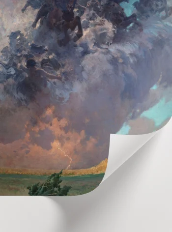 Koyu mavi, mor bulutlar ve ufukta parlayan şimşek detaylarıyla dramatik bir ışık oyununu içeren sanatsal manzara dekoru.