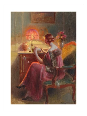 Pembe bir gece lambasının sıcak ışığı altında sabun köpüğü çıkaran zarif kadın figürlü klasik sanat posteri.