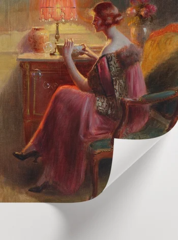 Klasik bir iç mekanda pembe elbiseli kadın ve uçuşan sabun köpüklerini betimleyen sanatsal poster.