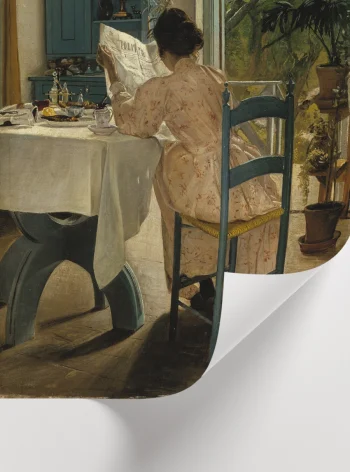 Beyaz masa örtüsü, mavi sandalye ve bahçe manzarasını betimleyen sanatsal iç mekan tablosu.