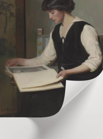 Çalışma odası ve kütüphane dekorasyonu için ideal, entelektüel temalı sanatsal kadın tablosu.