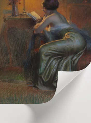 Yeşil saten elbiseli kadın figürü ve yumuşak ışık gölge kontrastlarını betimleyen sanatsal duvar dekoru.