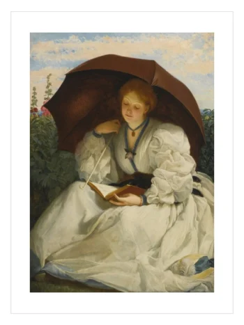 Güneşli bir bahçede, güneş şemsiyesi altında oturmuş kitap okuyan zarif kadın figürlü klasik manzara posteri.
