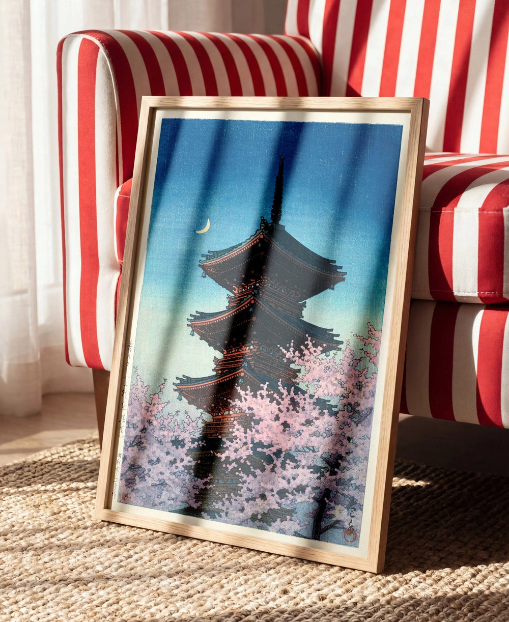 Kyoto tapınağı ve kiraz çiçekleri gece manzarası posteri