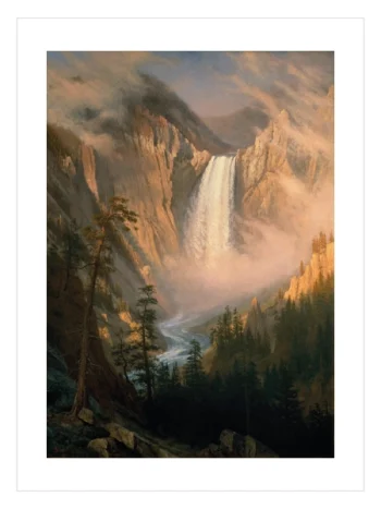 Altın sarısı ve bakır tonlarında kanyon duvarları arasından dökülen görkemli şelale manzaralı klasik sanat posteri.