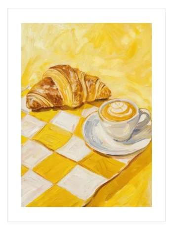 Modern mutfak dekorasyonu için kruvasan ve latte kahve illüstrasyon duvar posteri