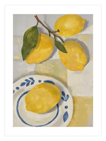 Akdeniz temalı taze limon ve mavi tabak illüstrasyonlu dekoratif çerçeveli duvar posteri.