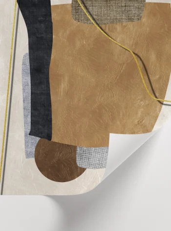 Hardal sarısı ve antrasit tonlarında, altın çizgili soyut geometrik duvar sanatı baskısı.