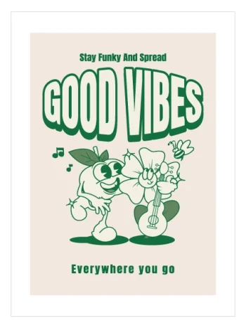 Good vibes yazılı retro tarzda karakter illüstrasyonlu duvar posteri