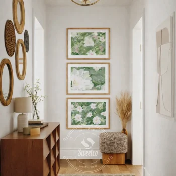 Çerçeveli yeşil tonlarda çiçek tablo seti Sweetco