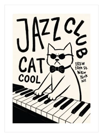 Piyano çalan, güneş gözlüklü ve papyonlu karikatür kedi figürlü modern caz posteri