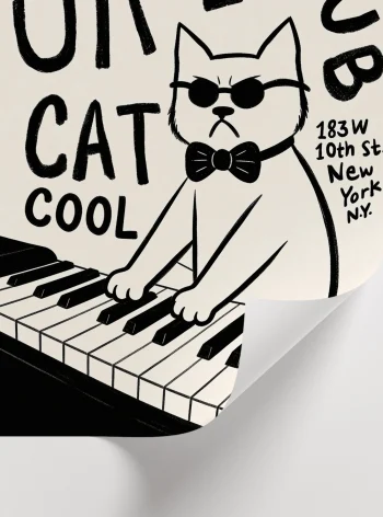 Modern ve esprili dekorasyon için tasarlanmış, caz klübü konseptli kedi figürlü tablo.