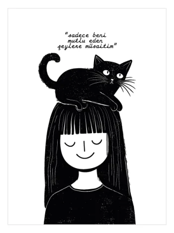 Kedi illüstrasyonlu siyah beyaz minimal poster