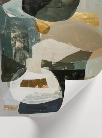 Petrol mavisi ve gri tonlu fırça darbeli soyut poster detayı.