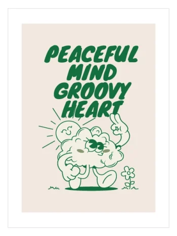 peaceful mind groovy heart yazılı retro karakter poster