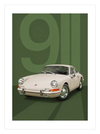 Porsche 911 Classic yeşil zeminli retro otomobil posteri tasarımı.