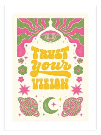 trust your vision yazılı psikedelik retro poster tasarımı