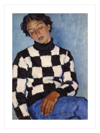 Siyah beyaz damalı kazaklı, gözleri kapalı kadın portresi klasik yağlı boya dokulu poster.