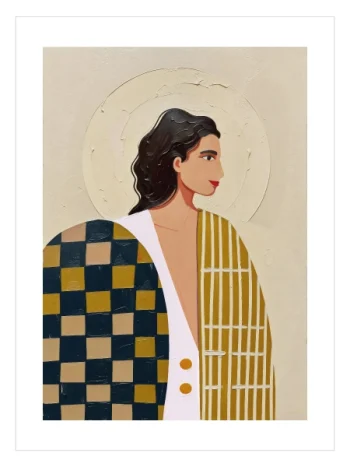 Modern impasto tekniğiyle hazırlanmış, damalı ve çizgili pelerinli kadın figürü posteri.