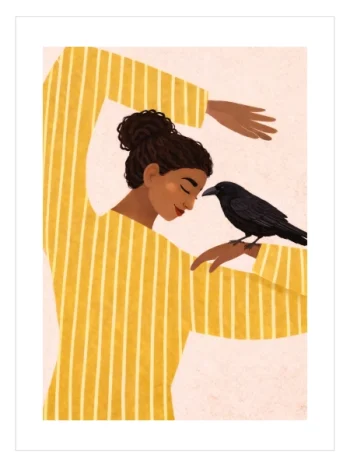 Minimalist kadın ve karga illüstrasyonlu dekoratif çerçeveli duvar posteri.