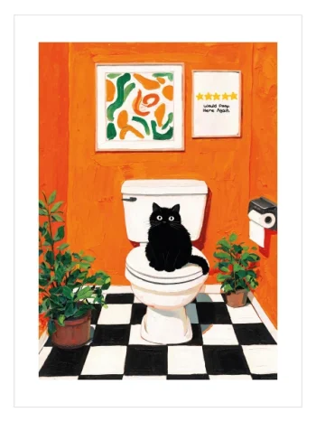 Komik kedi banyo posteri minimal tasarım