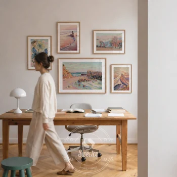 Pastel tonlarda 5 parçalı çerçeveli poster seti ile modern çalışma odası duvar dekorasyonu