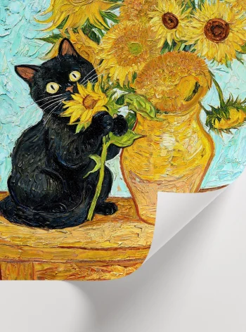 van gogh tarzında ayçiçekli kedi duvar tablosu