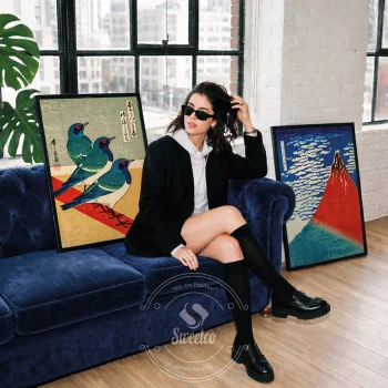 Geleneksel Japon motifli çerçeveli poster seti – Vintage mavi tonlu sanatsal kürasyon