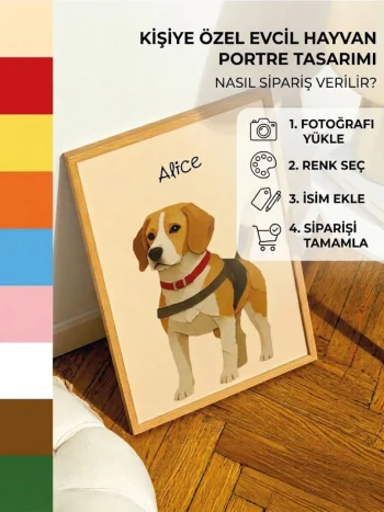 Kişiye özel evcil hayvan poster tasarımı için 4 adımda sipariş rehberi: Fotoğraf yükleme, renk seçimi, isim ekleme ve sipariş tamamlama aşamalarını gösteren şık bir tanıtım görseli sweetco