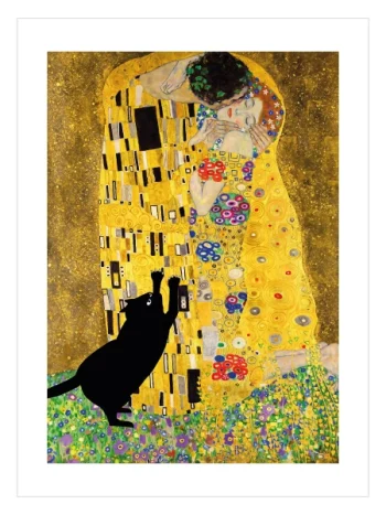 klimt esintili altın tonlu sanatsal kedi posteri