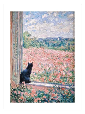 çiçek tarlasına bakan siyah kedi posteri pastel tonlarda