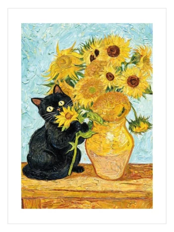 ayçiçekleri yanında duran siyah kedi sanatsal poster