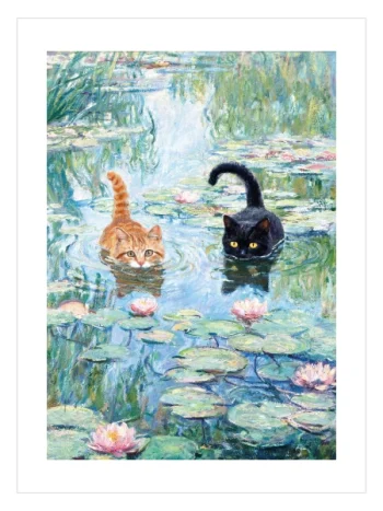 Nilüfer göletinde yüzen iki kedi illüstrasyon posteri