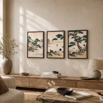Japon turna kuşu temalı çerçeveli poster seti