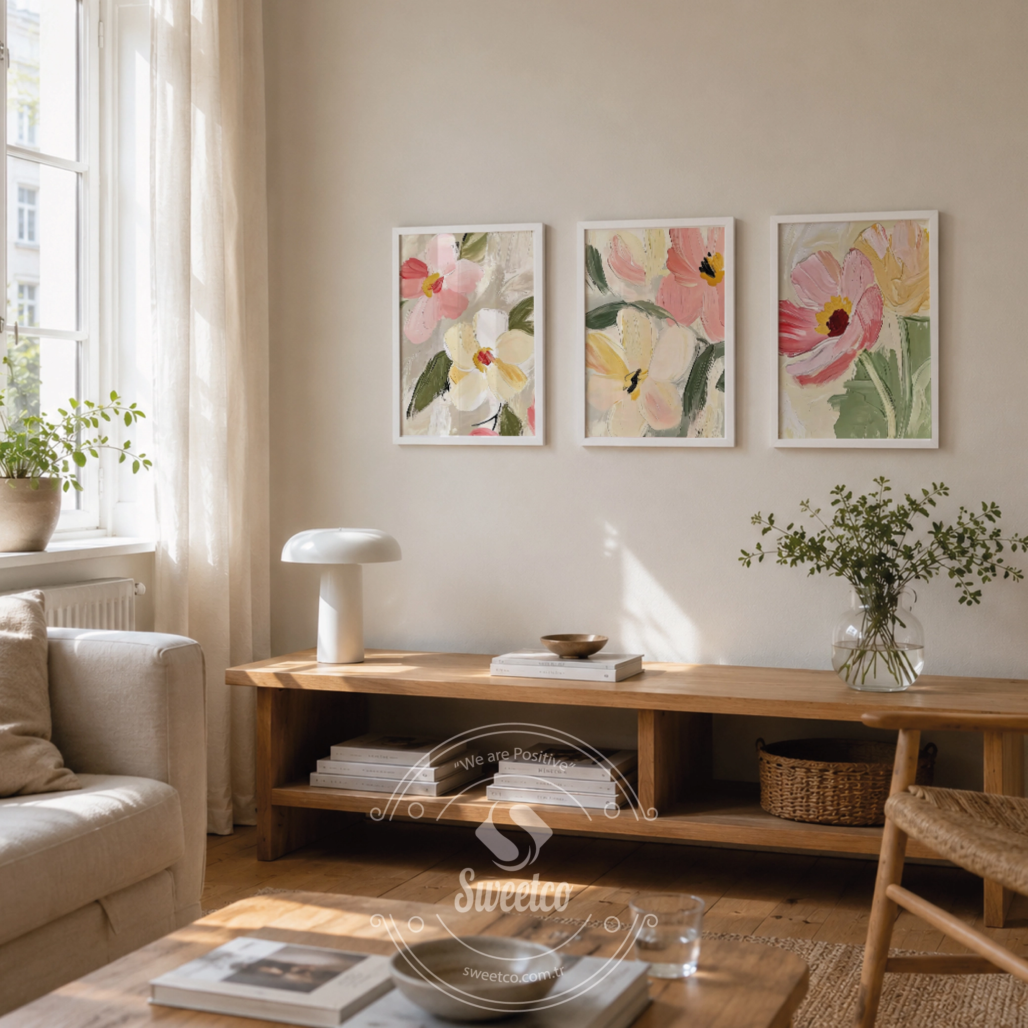 Sunlit Bloom Set pastel çiçek posterleri ile modern salon dekorasyonu