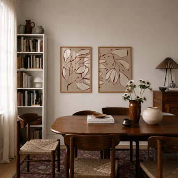 Soft Botanica poster seti doğal meşe çerçeveler ve yumuşak gün ışığıyla modern yaşam alanında sergileniyor.